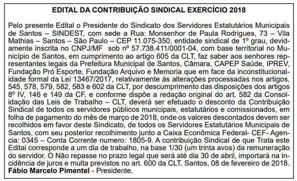 Edital publicado nos dias 10, 11 e 12/02 no jornal Diário do Litoral