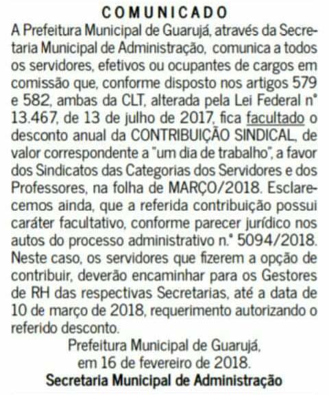 Comunicado publicado pela prefeitura do Guarujá