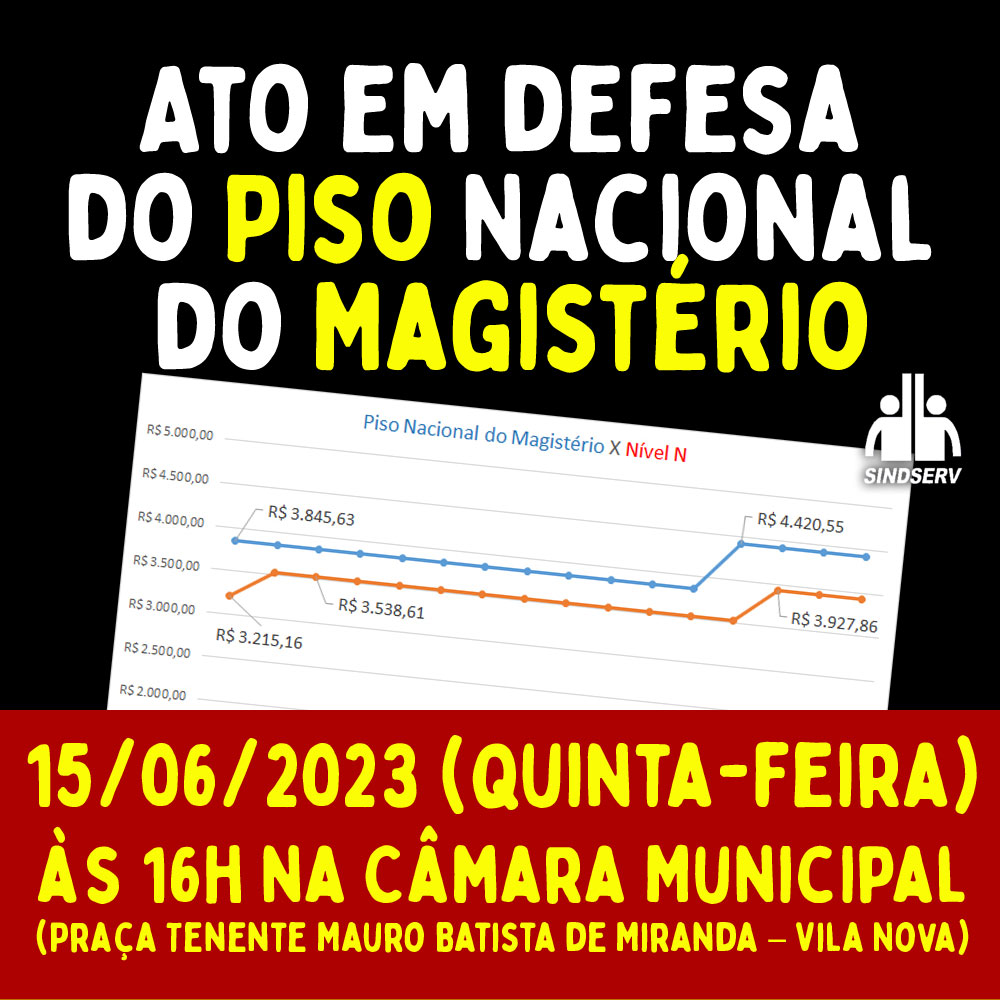 Ato em defesa do Piso Nacional do Magistério: 15/06 (quinta-feira), 16h, na Câmara Municipal (Praça Tenente Mauro Batista de Miranda, 1 - Vila Nova).
