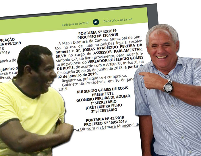 Foto montagem: Josias e Rui de Rosis dão risada olhando e apontando pra publicação que nomeia o primeiro como assessor do segundo