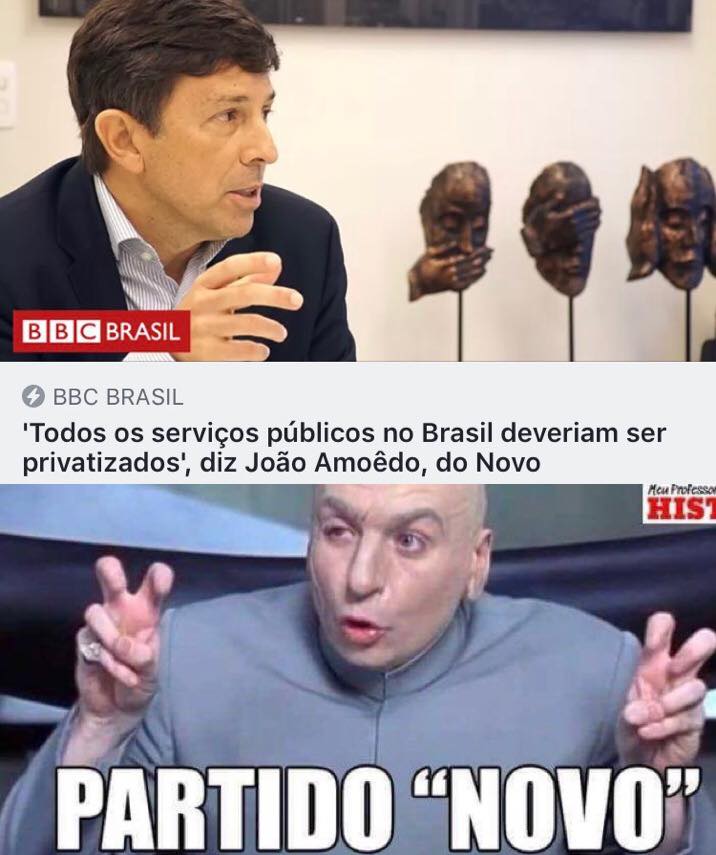Manchete de uma reportagem da BBC Brasil com o título: 'Todos osserviços públicos no Brasil deveriam ser privatizados', diz João Amoêdo, do Novo.