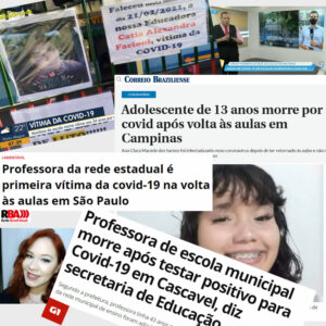 Montagem com manchetes de notícias de professores e alunos mortos por COVID-19 após reabertura das escolas