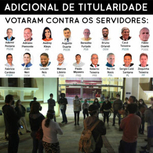 Montagem com a foto do ato e o rosto de todos os vereadores que votaram contra os servidores