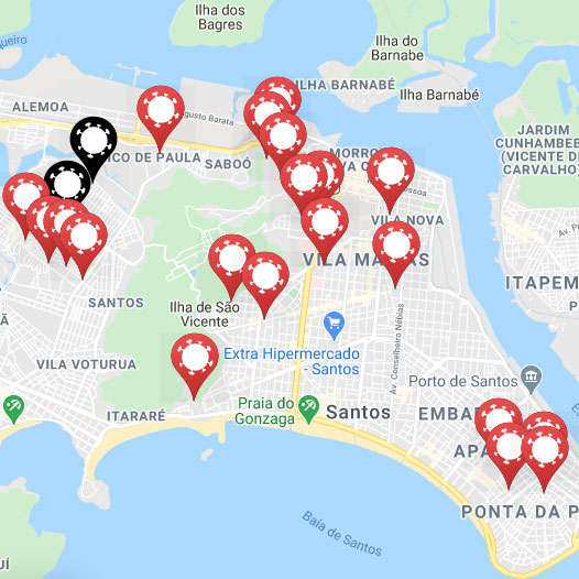 Mapa de Santos com marcação em todas as escolas onde houve contágio e/ou morte por COVID-19 após aulas presenciais