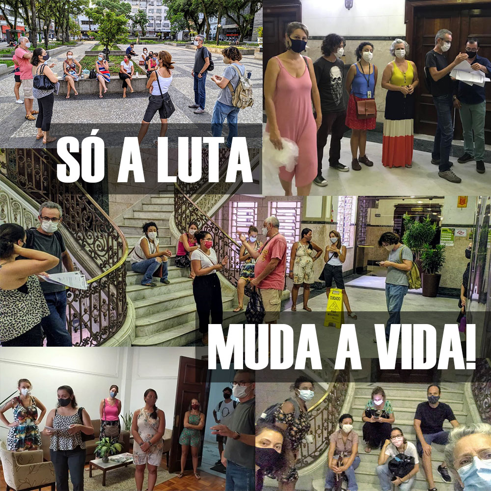 Montagem com fotos dos trabalhadores da Assistência Social mobilizados com a frase "SÓ A LUTA MUDA A VIDA!"