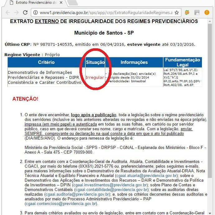 Certificado de Regularidade Previdenciária IRREGULAR