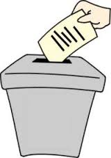 Ilustração de uma mão colocando uma cédula de votação na urna.