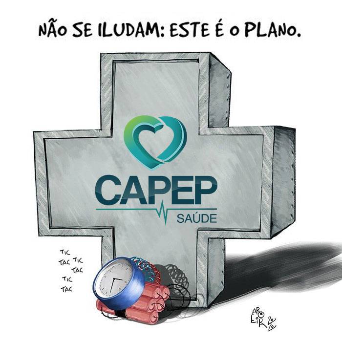 Charge com o logo da Capep, um desenho de uma bomba-relógio e escrito "Não se iludam: este é o plano"