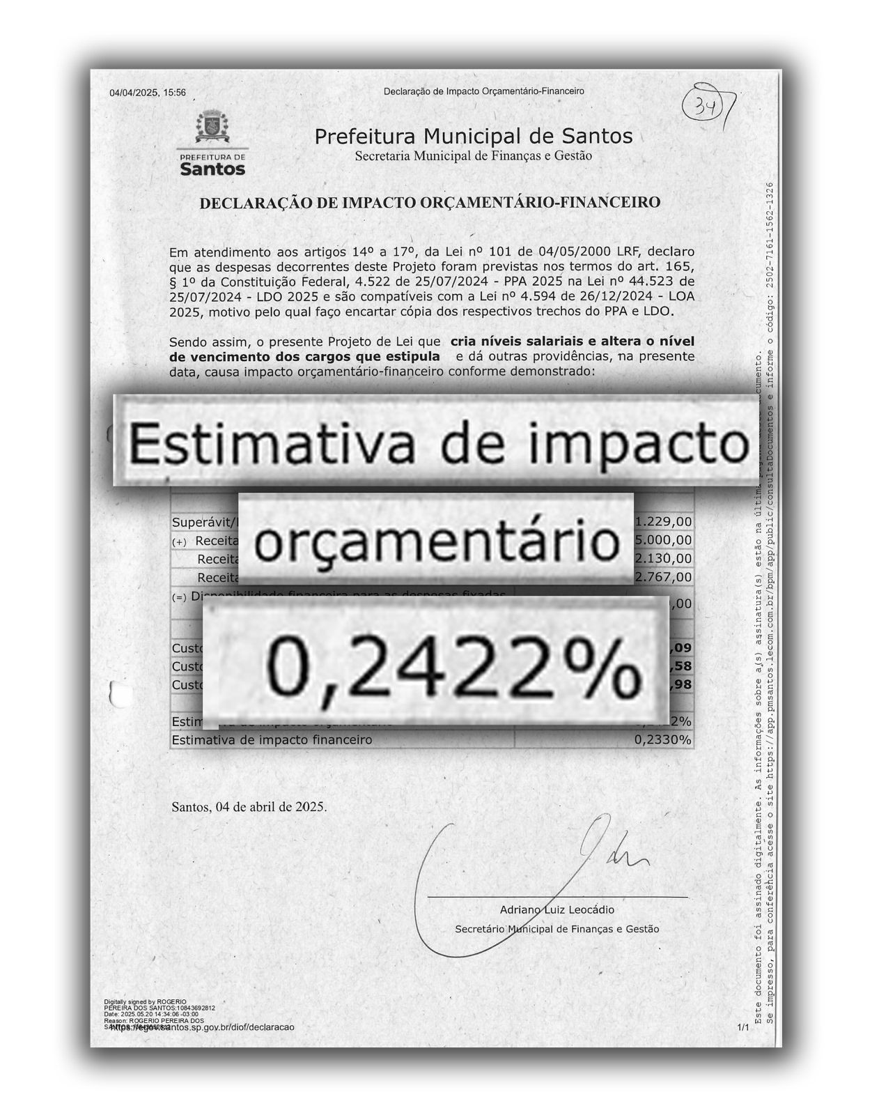 Estimativa de impacto orçamentário 0,2422%
