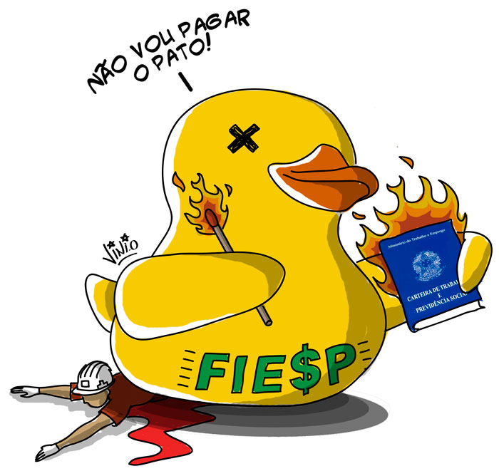 Charge do pato da FIES queimando uma carteira de trabalho