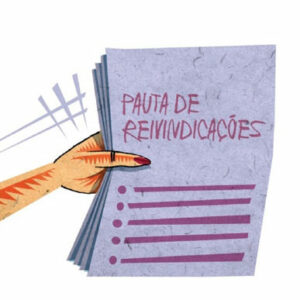 Ilustração de uma mão com um bloco de folhas onde está escrito "Pauta de Reivindicações"