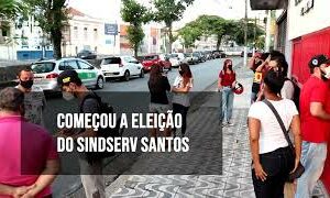 Foto de frente da sede do sindicato com pessoas conversando e o texto "Começou a eleição no SINDSERV Santos"