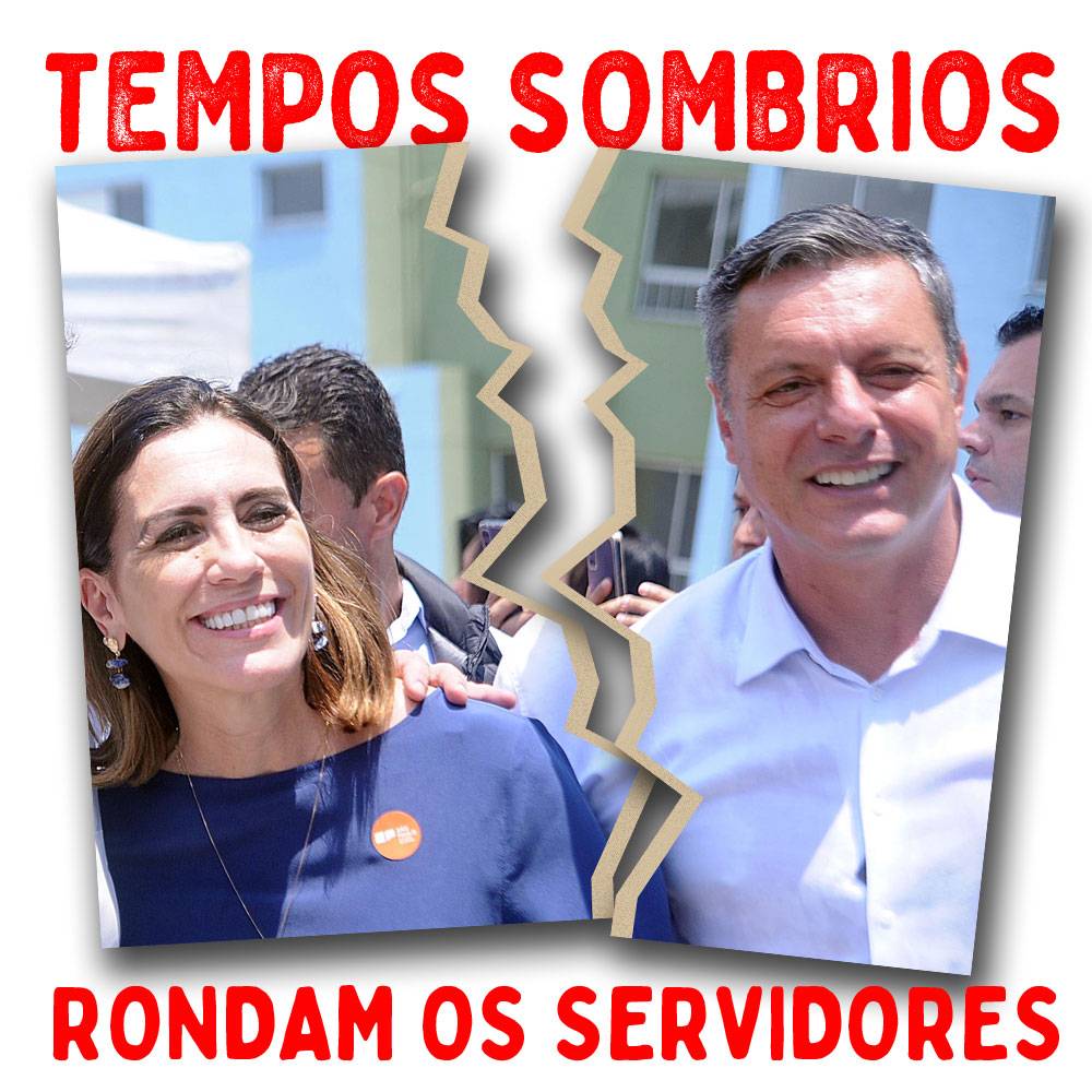 Escrito: "TEMPOS SOMBRIOS RONDAM OS SERVIDORES" com uma foto da Rosana Valle junto com Rogério Santos e a foto rasgada no meio